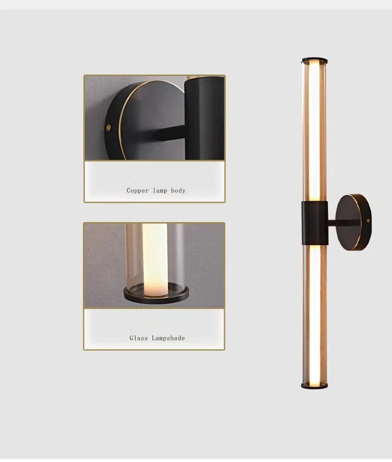 Full Copper + Glass Minimalist Wall Lamp Long Strip Mirror Makeup Light