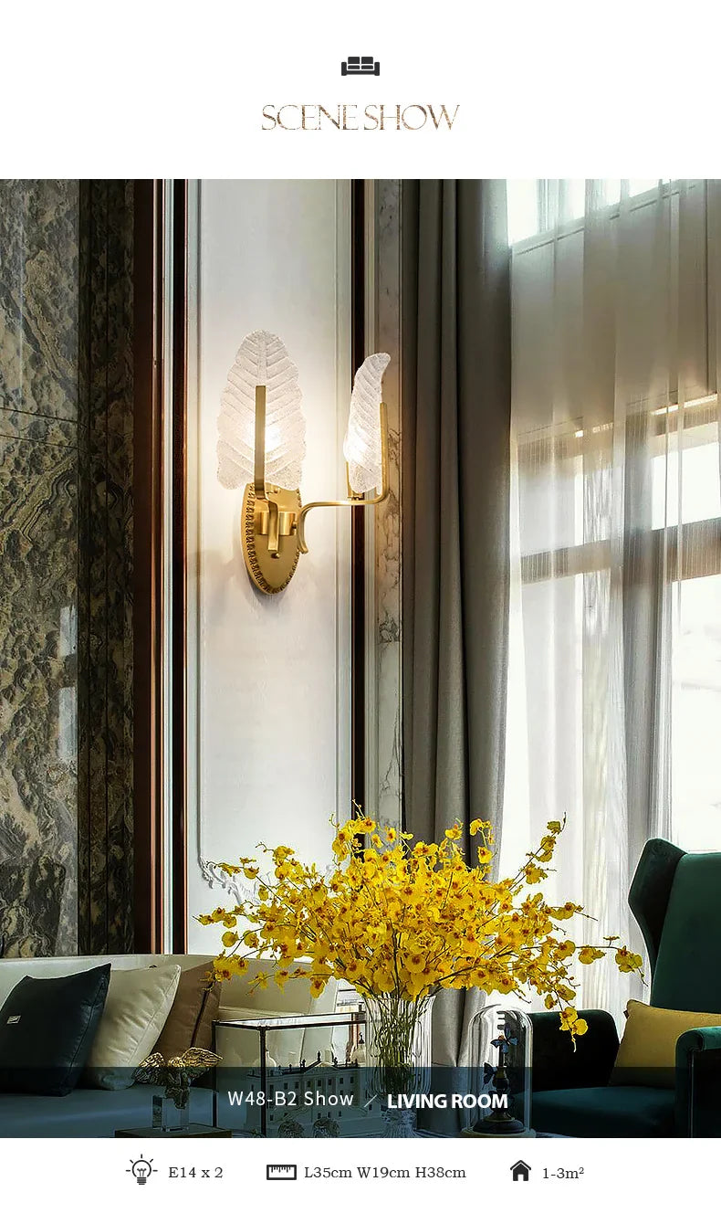 Modern European Style Copper Crystal Sconce Leaves Wall Light