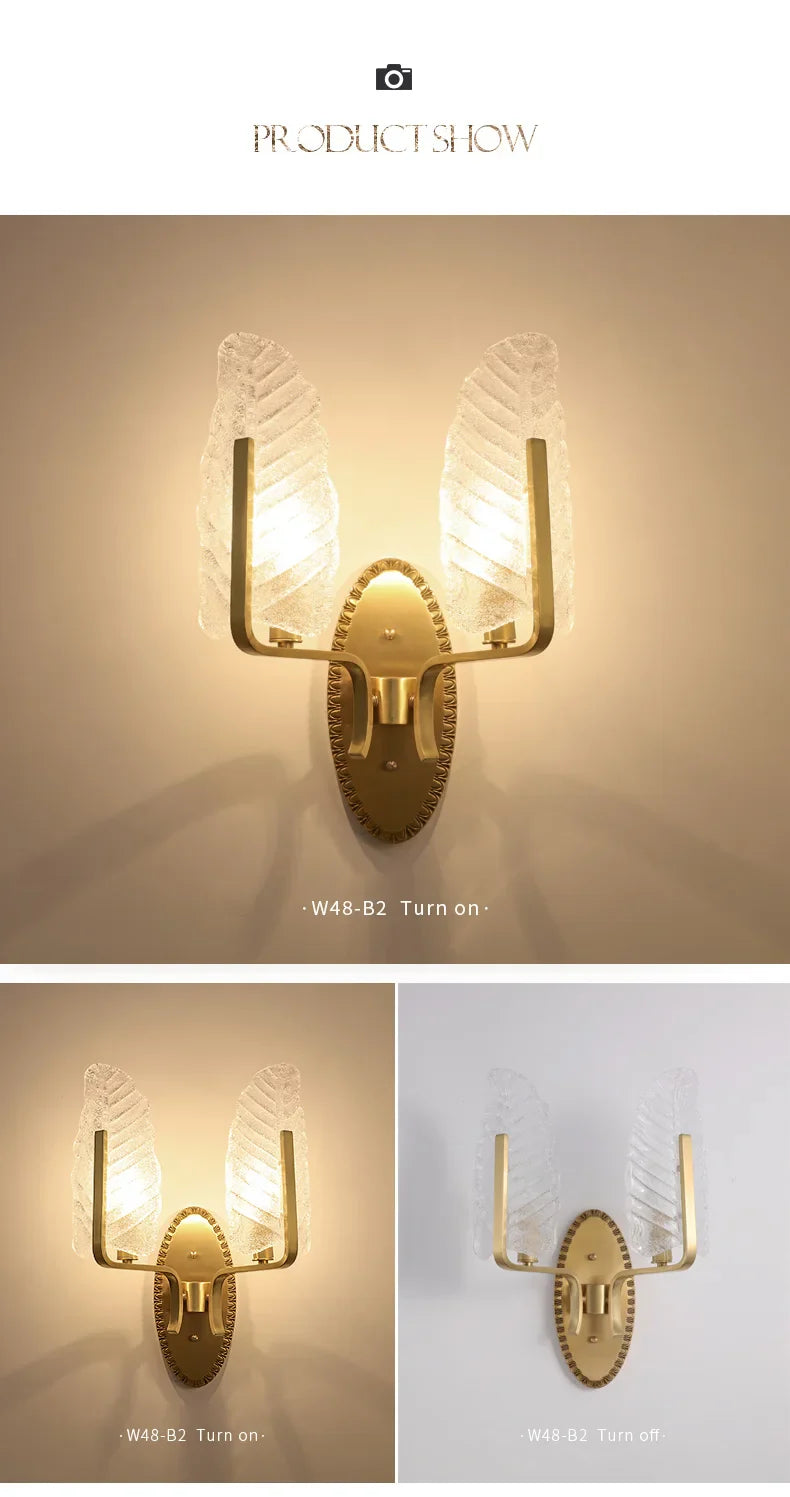 Modern European Style Copper Crystal Sconce Leaves Wall Light