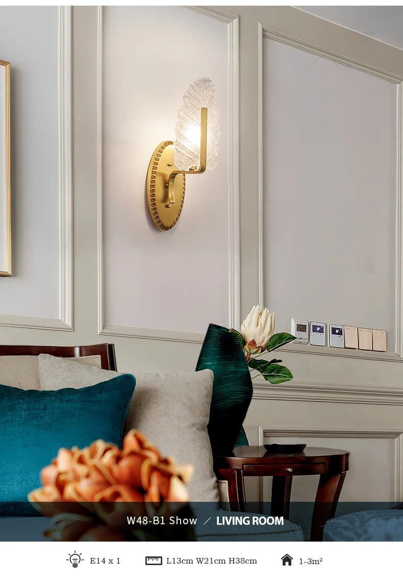 Modern European Style Copper Crystal Sconce Leaves Wall Light