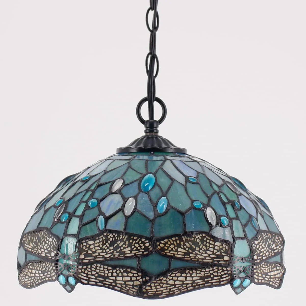 Tiffany Pendant Light Plug in Sea Blue Stained Glass Dragonfly