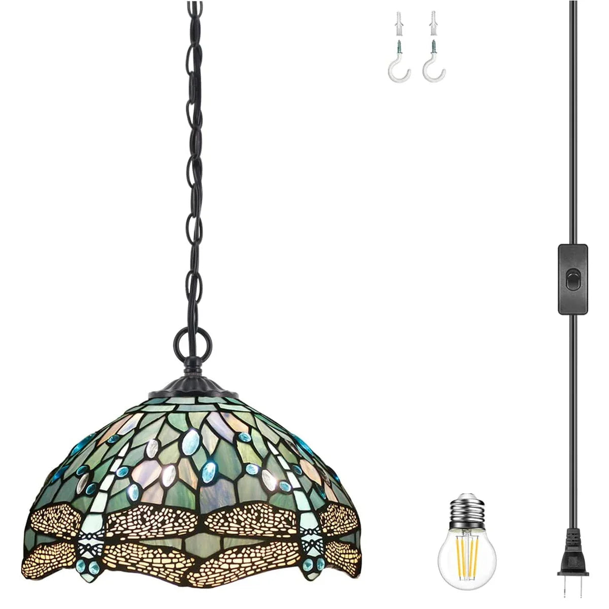 Tiffany Pendant Light Plug in Sea Blue Stained Glass Dragonfly