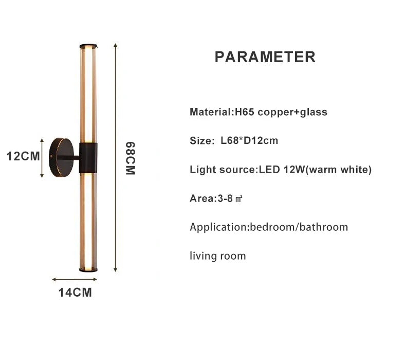 Full Copper + Glass Minimalist Wall Lamp Long Strip Mirror Makeup Light