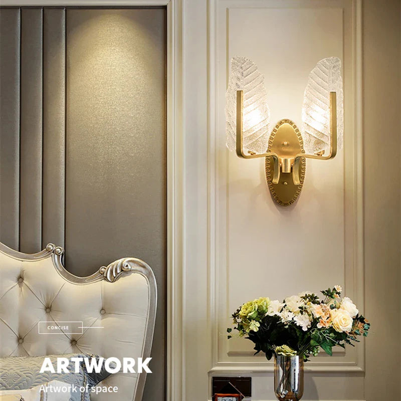 Modern European Style Copper Crystal Sconce Leaves Wall Light