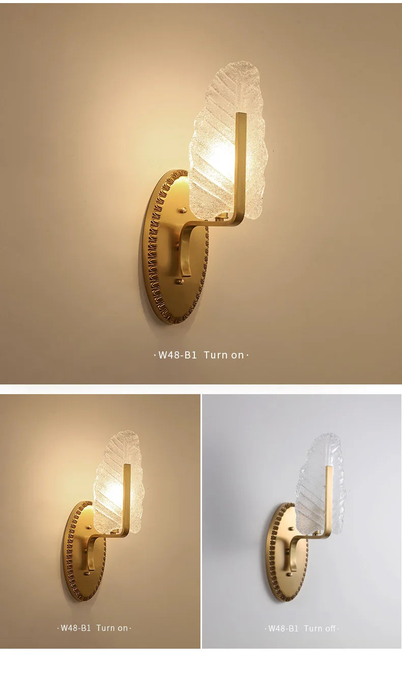 Modern European Style Copper Crystal Sconce Leaves Wall Light