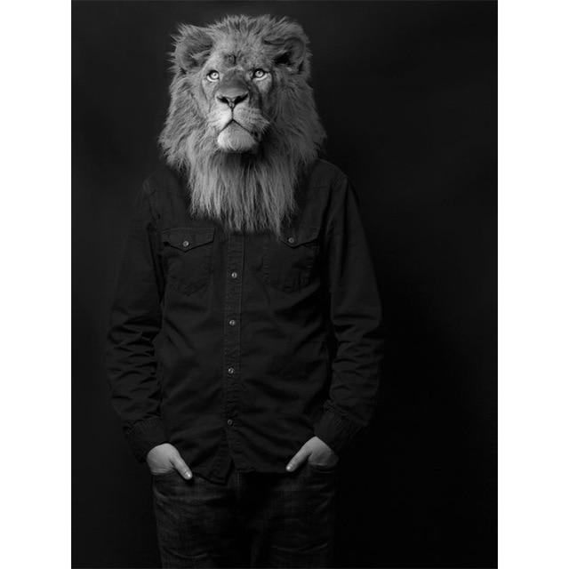 Black and White Classy Lion in Dress Shirt | Wall Art Posters And Prints Animal Wearing a Hat Canvas Painting