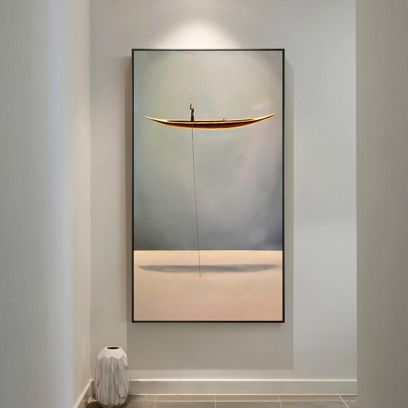 Golden Boat Natural Landscape Creative Canvas Abstract Paintings Wall Art Pictures For Living Room Home Decor