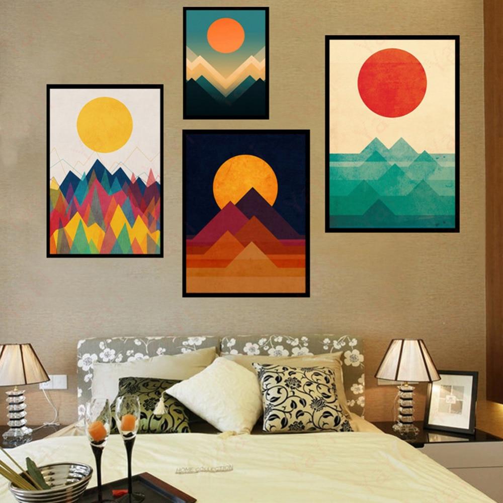Golden & Red Abstract Setting and Rising Sun Canvas with Mountain Unframed