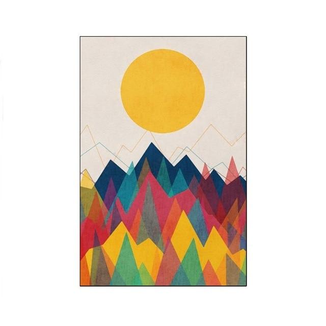 Golden & Red Abstract Setting and Rising Sun Canvas with Mountain Unframed