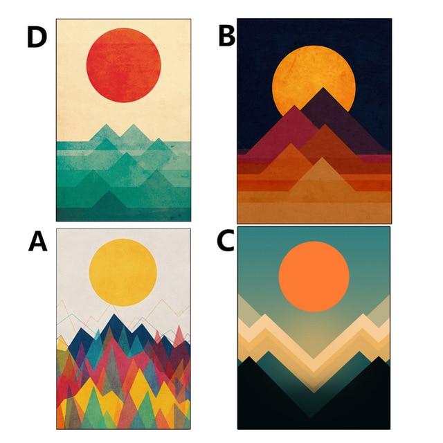 Golden & Red Abstract Setting and Rising Sun Canvas with Mountain Unframed