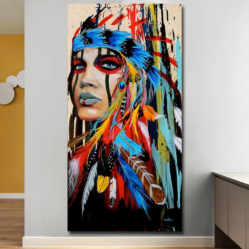 Modern Wall Art Prints Coloful Girl Feathered Women Canvas Painting For Living Room Home Decor free shipping Unframed